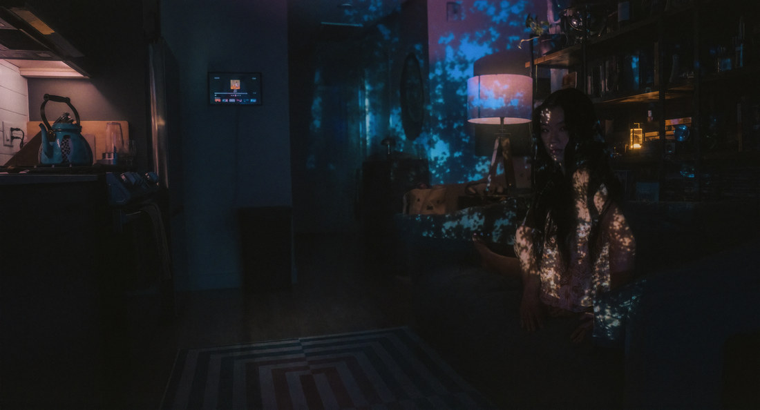Wide interior portrait of Ambyr seated beside shelves under patterned light.